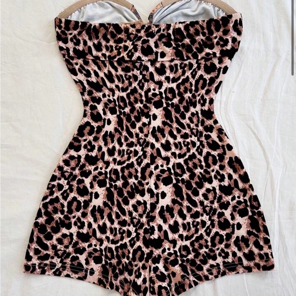 SHEIN Pink and Black Leopard Print Strapless Romper - Picture 2 of 3